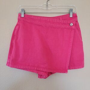 Womens Denim Mini Skirt Skort Size Small 100% Cotton Pink Wrap Button Pockets